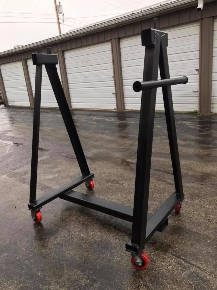 Custom machine moving cart with red wheels